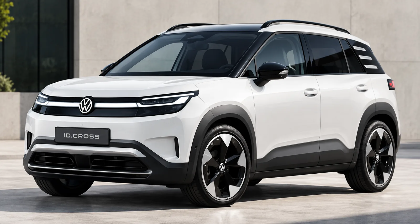 Weißer Volkswagen ID. Cross vor moderner Architektur