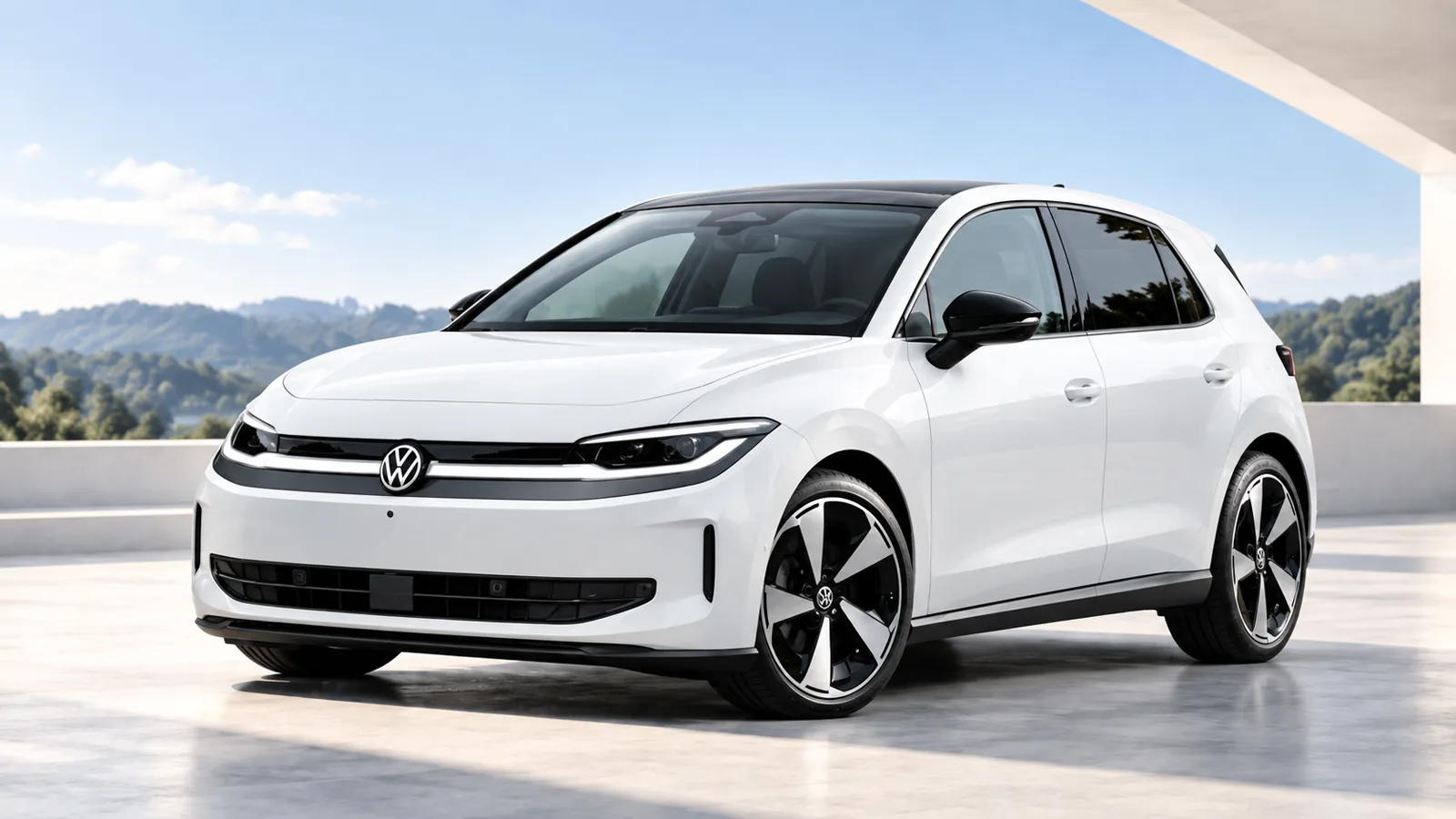 Weißer Volkswagen ID. Polo auf einer sonnigen Terrasse