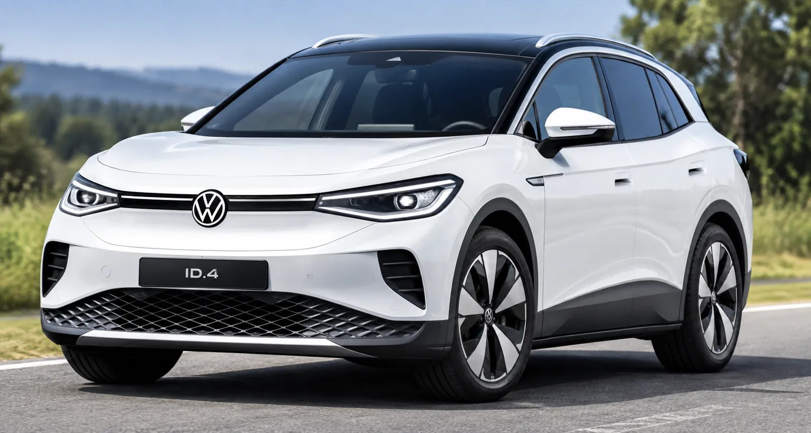 Weißer Volkswagen ID.4 vor Berglandschaft