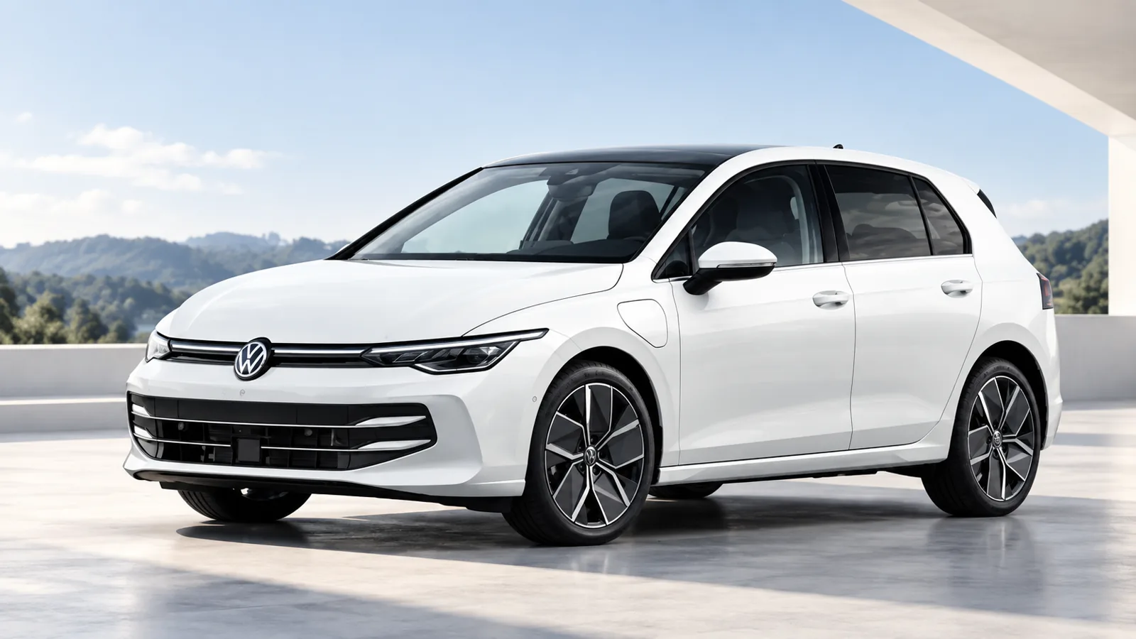 Weißer Volkswagen Golf vor einer Berglandschaft