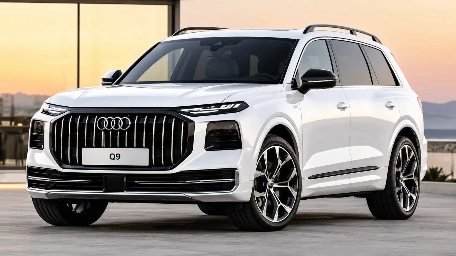 Weißer Audi Q9 bei Sonnenuntergang