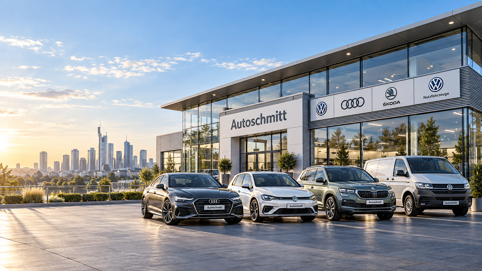 Autoschmitt Autohaus mit Fahrzeugen von Audi, Volkswagen, Škoda und VW Nutzfahrzeuge vor der Frankfurter Skyline